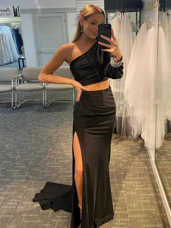 Satin Mermaid One Shoulder Two Pieces Set Black Long Prom Dress sold by KissProm