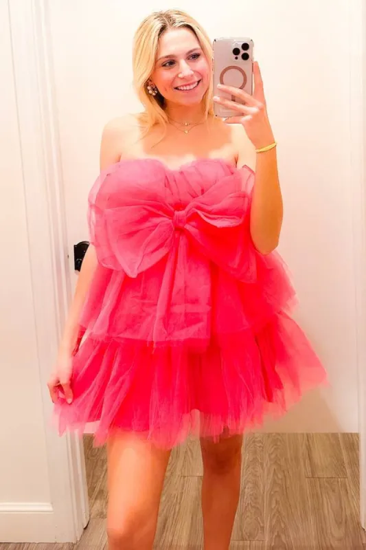 Hot Pink Strapless A-Line Homecoming Dress with Bow sold by KissProm