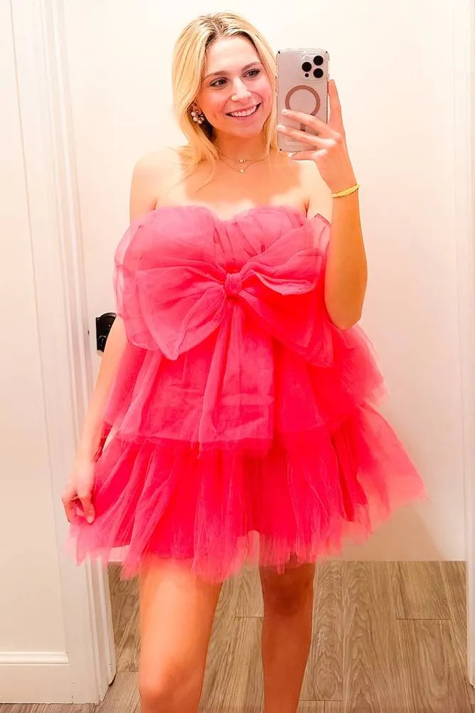 Hot Pink Strapless A-Line Homecoming Dress with Bow sold by KissProm