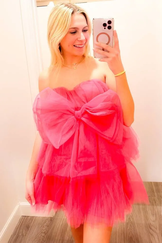 Hot Pink Strapless A-Line Homecoming Dress with Bow sold by KissProm product image thumbnail 2