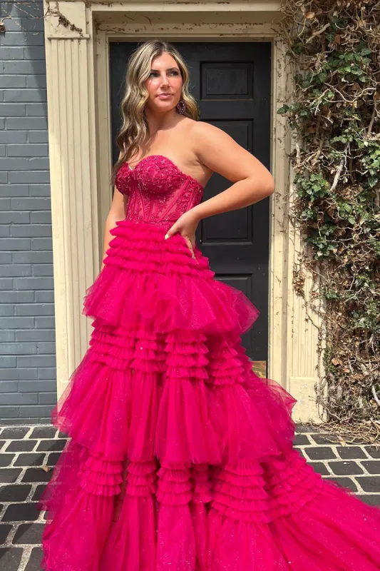 Adelyn |A-Line Sweetheart Tiered Long Tulle Prom Dress sold by KissProm