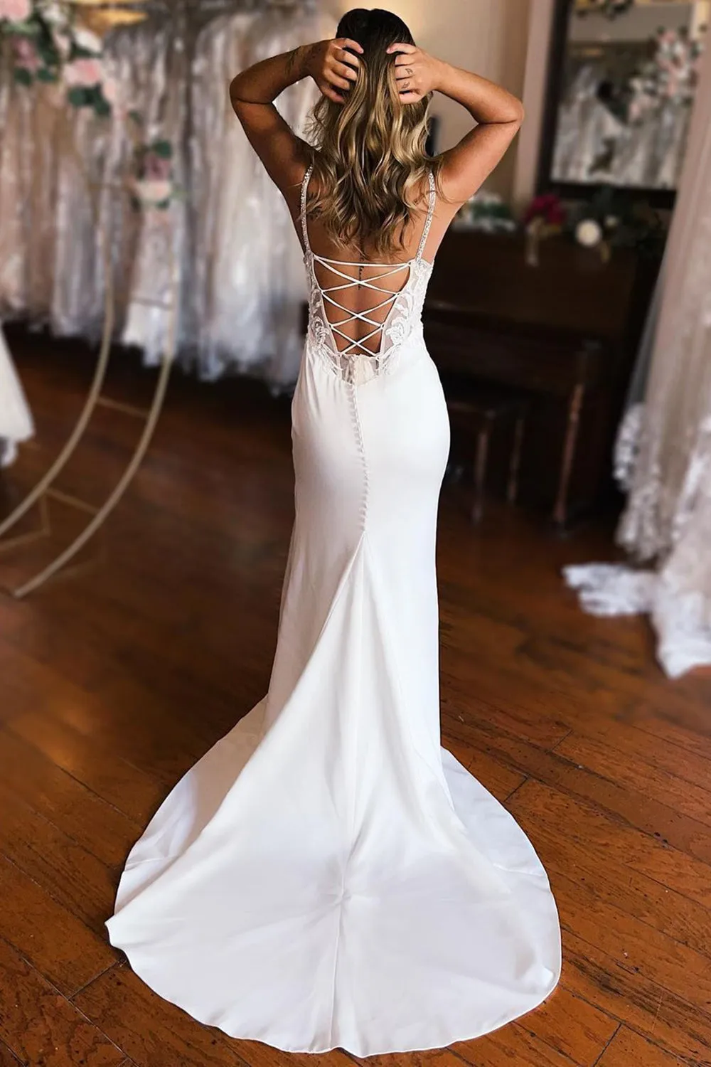Emmie | Sheath White Lace-Up Back Wedding Dress with Slit sold by KissProm product image thumbnail 2
