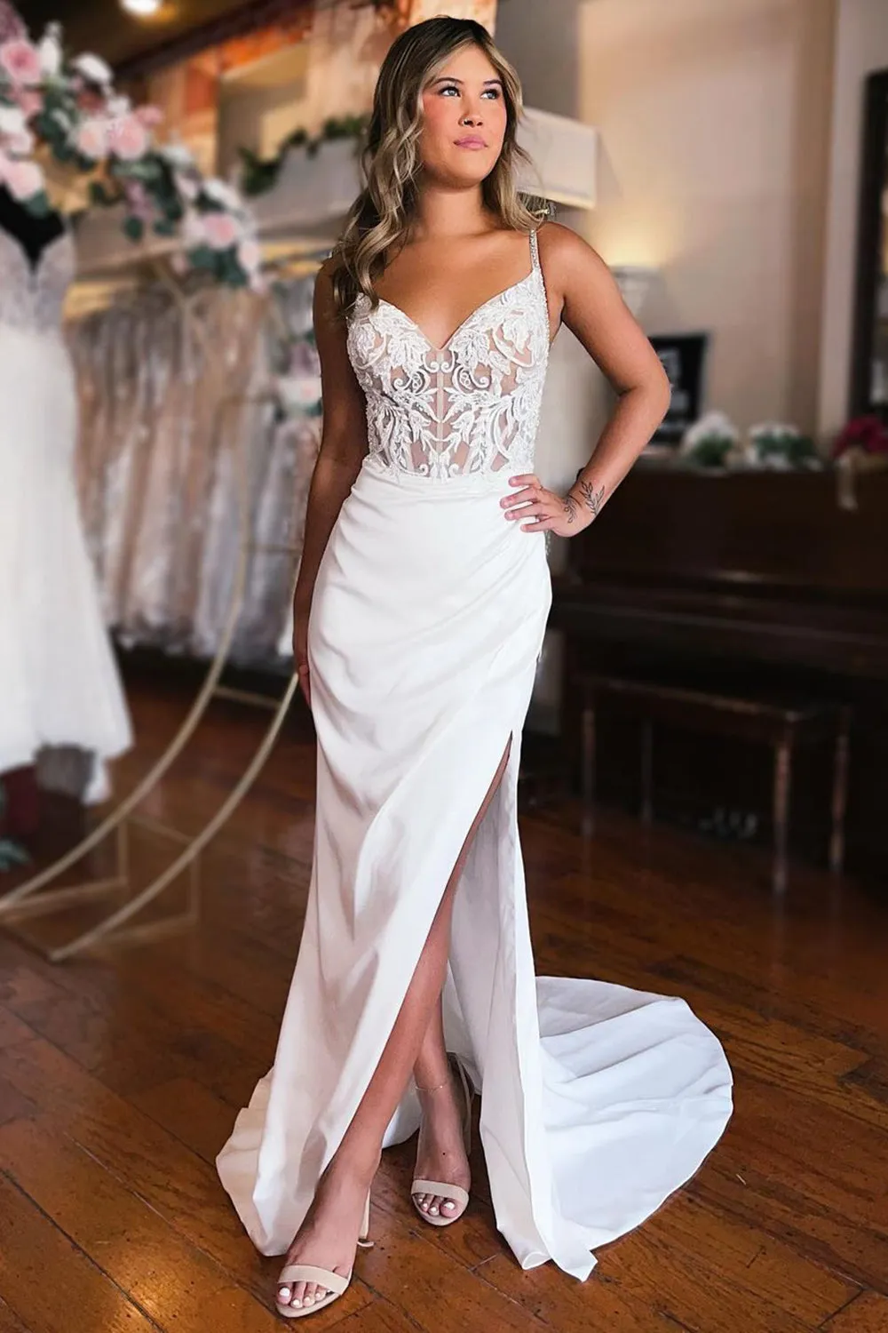 Emmie | Sheath White Lace-Up Back Wedding Dress with Slit sold by KissProm