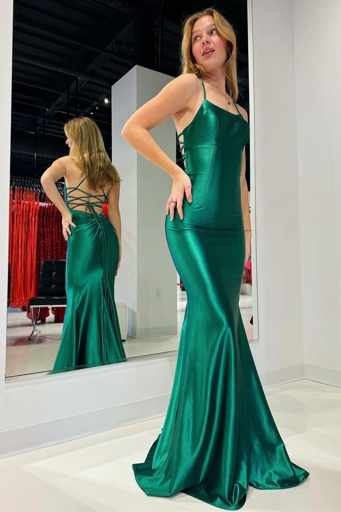 Emerald Scoop Neck Lace-Up Mermaid Long Prom Gown sold by KissProm