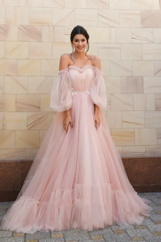 Off-shoulder Charming Sweetheart Tulle Wedding Dress With Poet Sleeves sold by KissProm