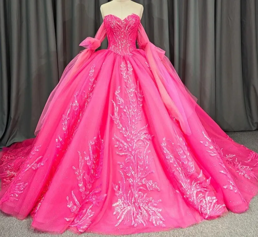 Lace Hot Pink Sequins Ball Gown Quinceañera Dress sold by KissProm