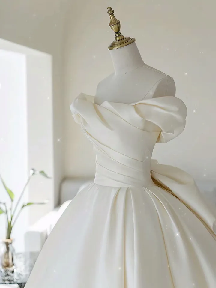 Simple A-line Off The Shoulder Satin ivory Long Wedding Dress sold by KissProm product image thumbnail 2