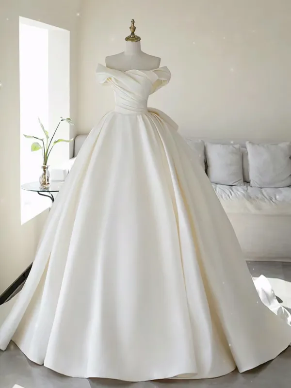 Simple A-line Off The Shoulder Satin ivory Long Wedding Dress sold by KissProm
