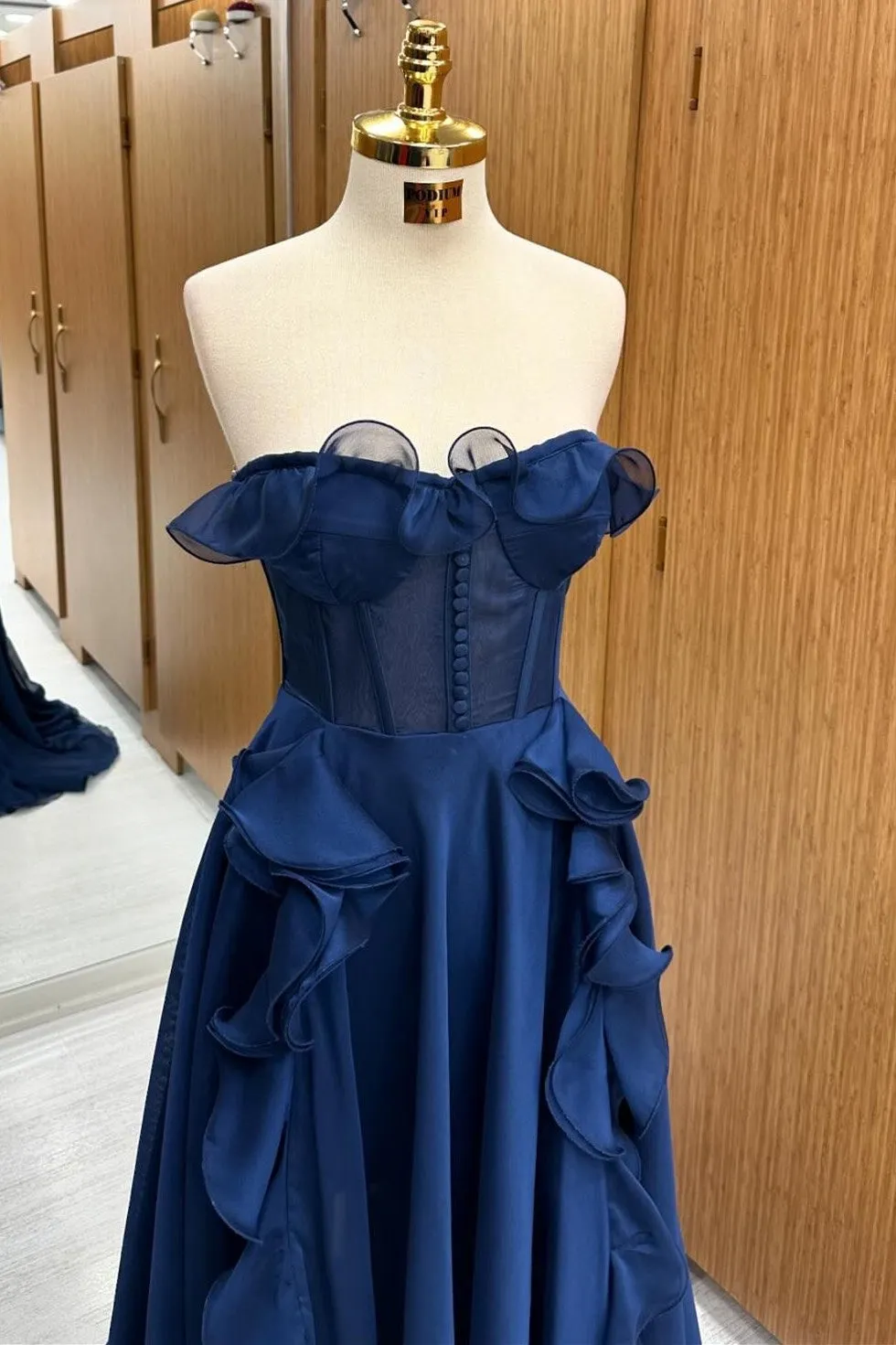A Line Navy Blue Corset Ruffle Maxi Prom Dress sold by KissProm product image thumbnail 3