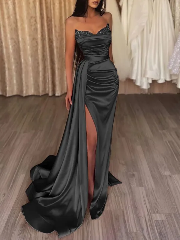 Sasha | Mermaid Evening Gown Sexy Dress Prom Court Train Sleeveless Strapless Satin with Slit Pure Color sold by KissProm