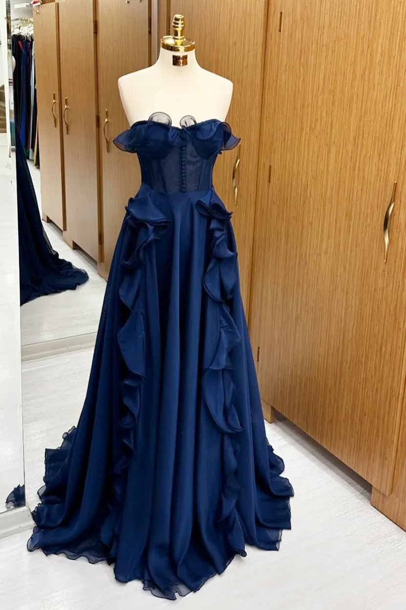 A Line Navy Blue Corset Ruffle Maxi Prom Dress sold by KissProm