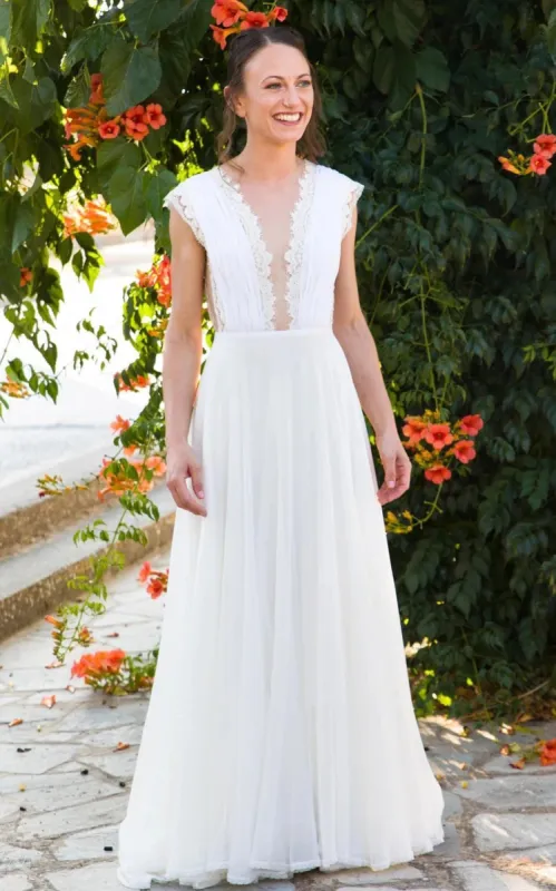 Greek A-Line Plunging Neckline Chiffon Lace Wedding Dress With Open Back And Pleats sold by KissProm