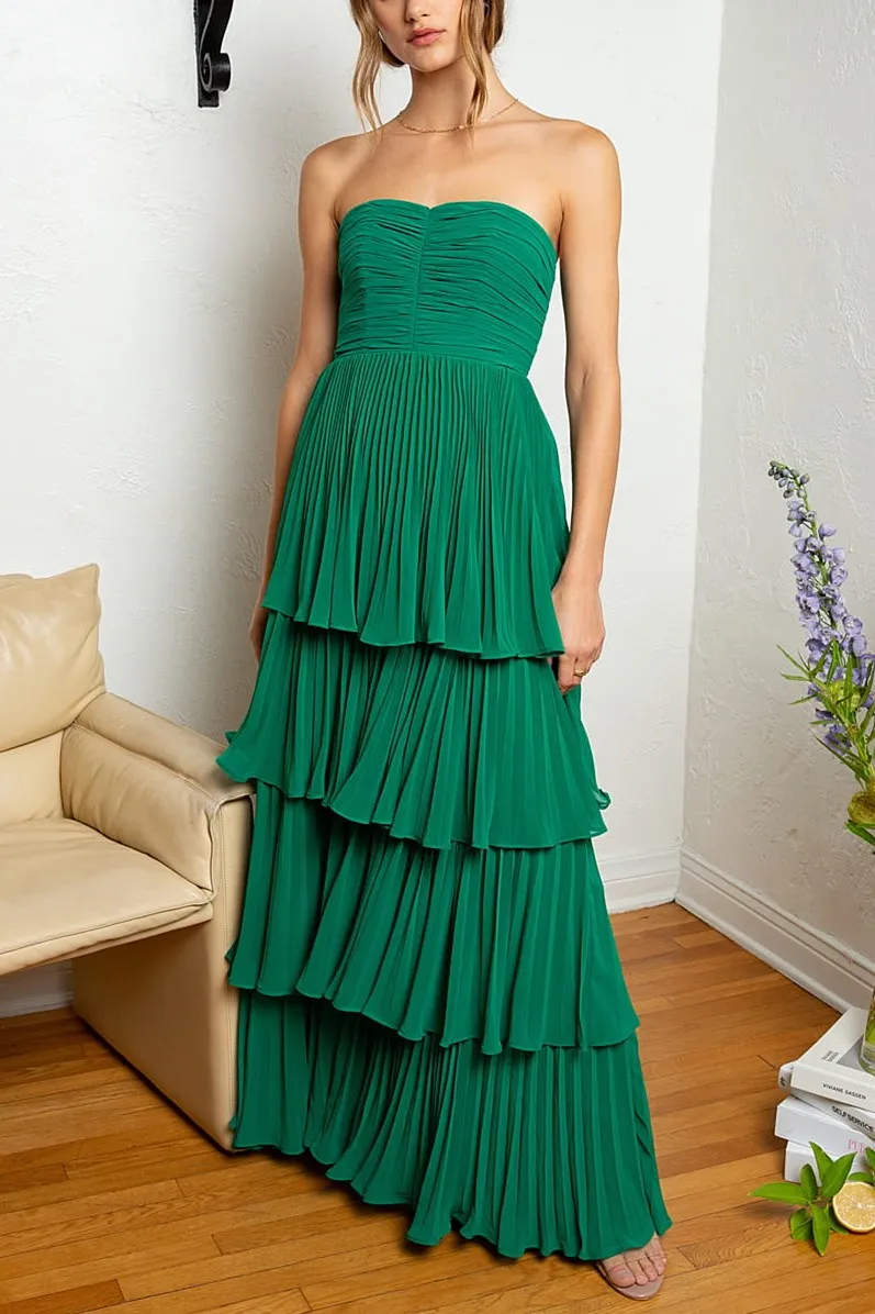 Khalani | Strapless Emerald Green Ruffle Multi-Layer Long Prom Dress sold by KissProm