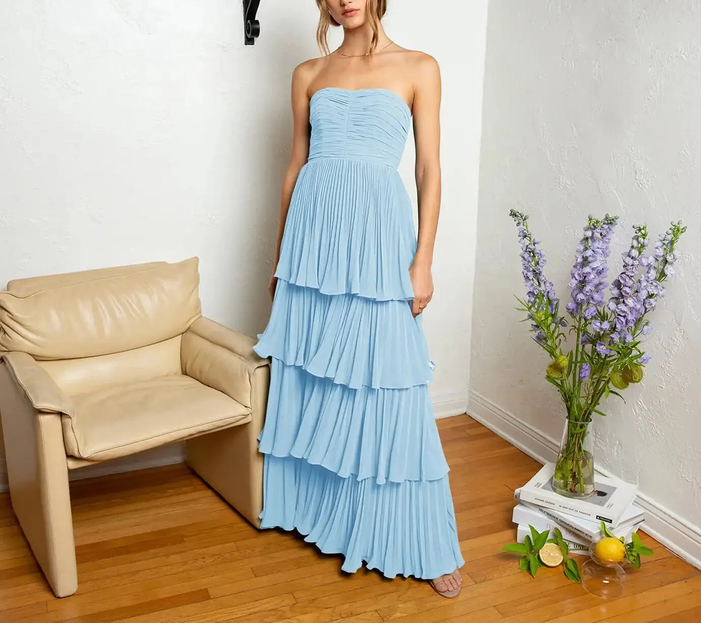 Khalani | Strapless Emerald Green Ruffle Multi-Layer Long Prom Dress sold by KissProm product image thumbnail 4