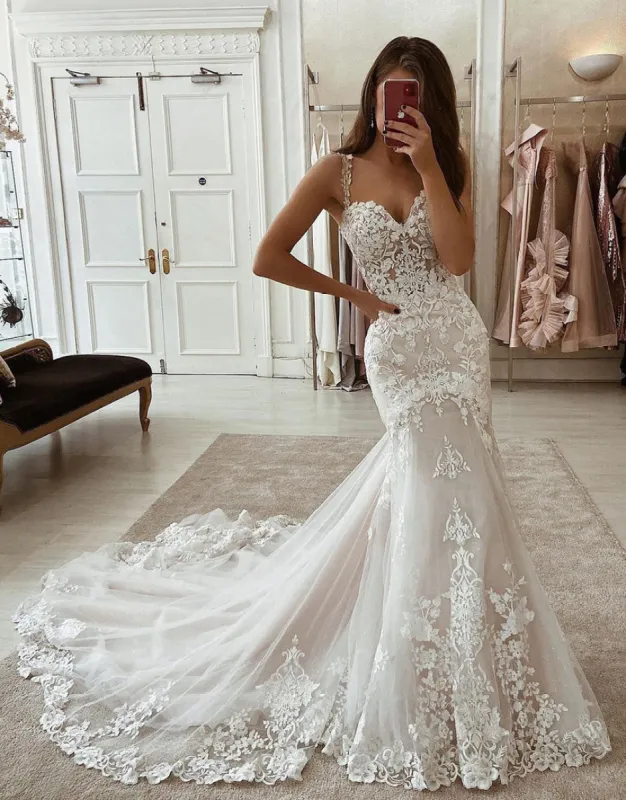 Kinslee | Mermaid Sweetheart Spaghetti Straps Wedding Dress With Appliques sold by KissProm