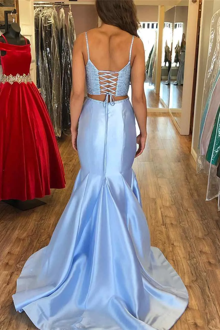 Two-Piece Glitter Light Blue Straps Trumpet Long Prom Dress sold by KissProm product image thumbnail 2
