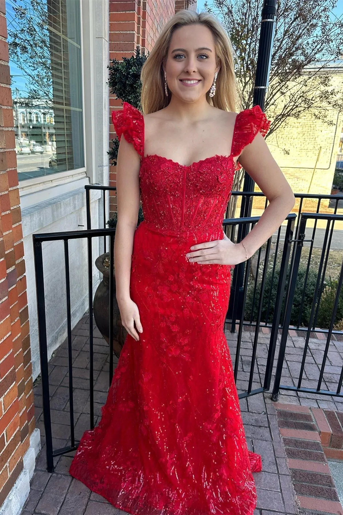 Liv | Red Appliques Sweetheart Flutter Sleeve Mermaid Long Prom Dress sold by KissProm
