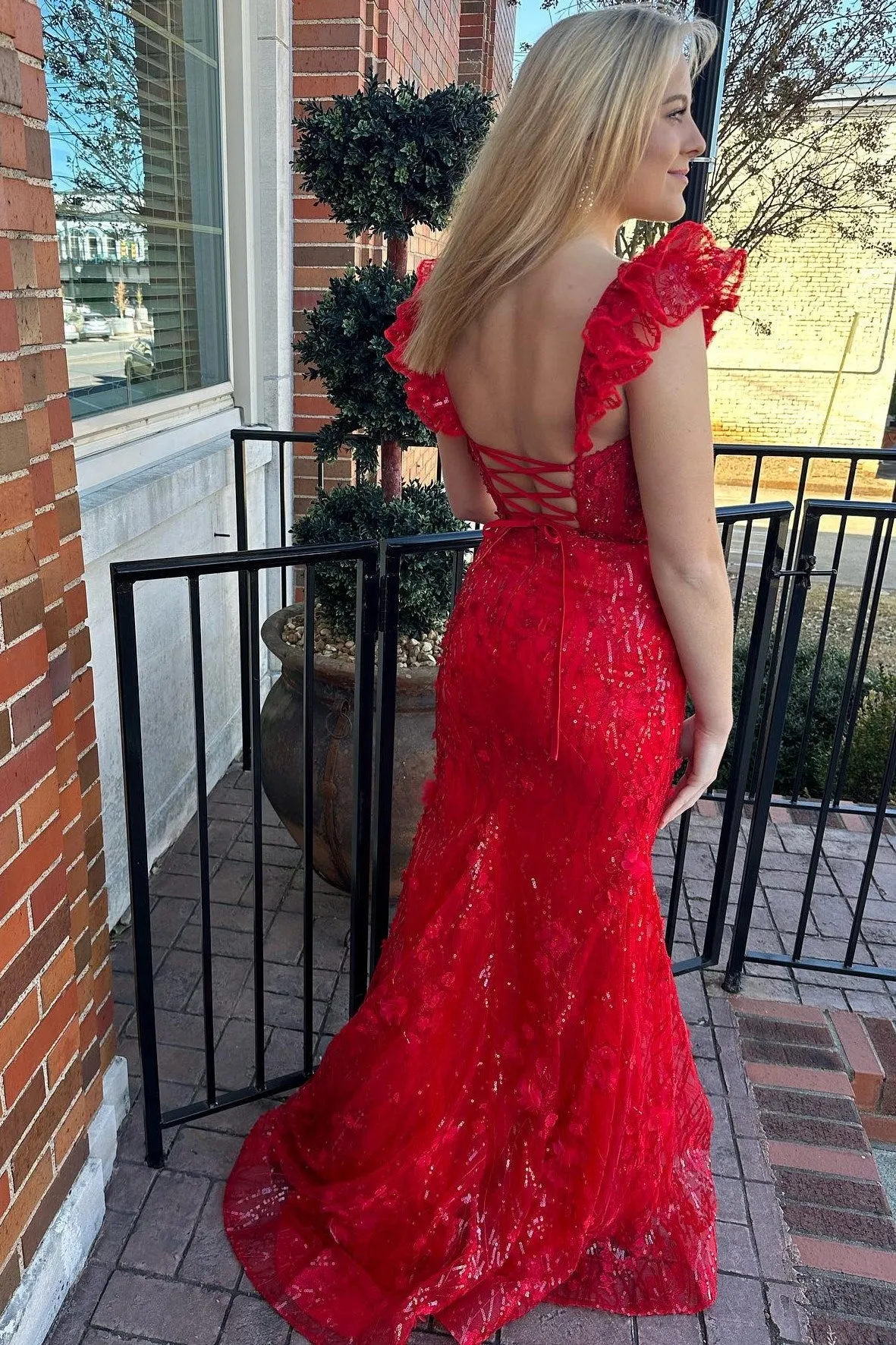 Liv | Red Appliques Sweetheart Flutter Sleeve Mermaid Long Prom Dress sold by KissProm product image thumbnail 2