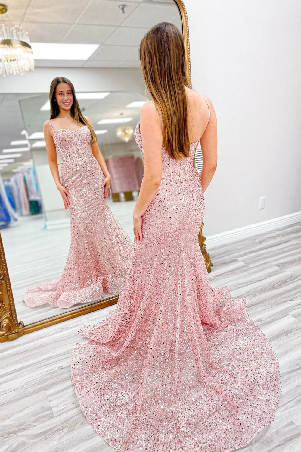 Nori | Pink Sequins Mermaid Spaghetti Straps Boning Long Prom Dress sold by KissProm product image thumbnail 2
