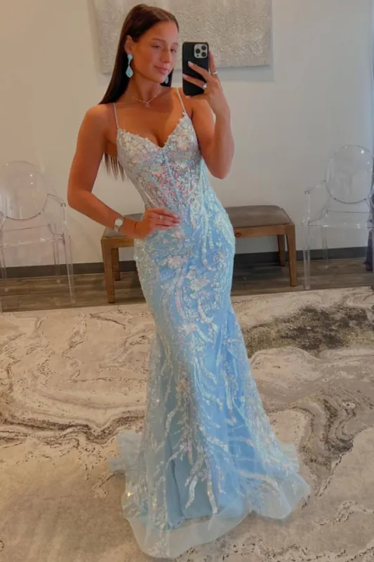 Margaret | Straps Light Blue V-Neck Sequin Appliques Mermaid Prom Dress sold by KissProm