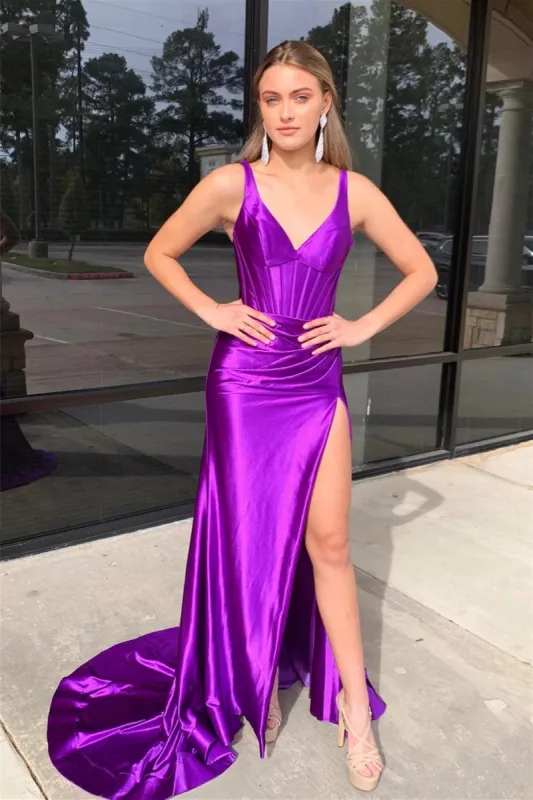 Lara | Grape Mermaid Satin V Neck Long Prom Dress with Slit sold by KissProm