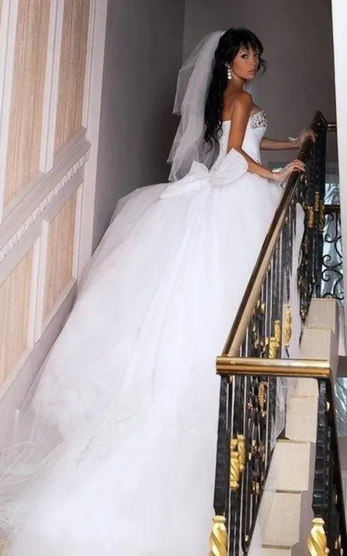 Sweetheart Sleeveless Tulle Ball Gown Wedding Dress with Corset Bodice and Rhinestones sold by KissProm