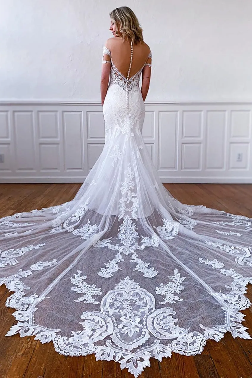Laney | Mermaid Off-the-Shoulder Short Sleeves Long White Lace Bridal Dress sold by KissProm product image thumbnail 3