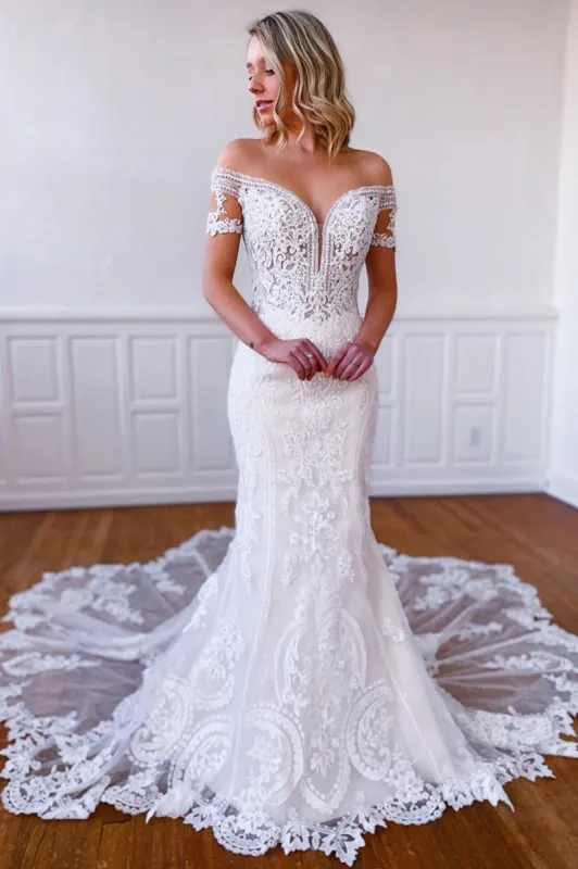 Laney | Mermaid Off-the-Shoulder Short Sleeves Long White Lace Bridal Dress sold by KissProm