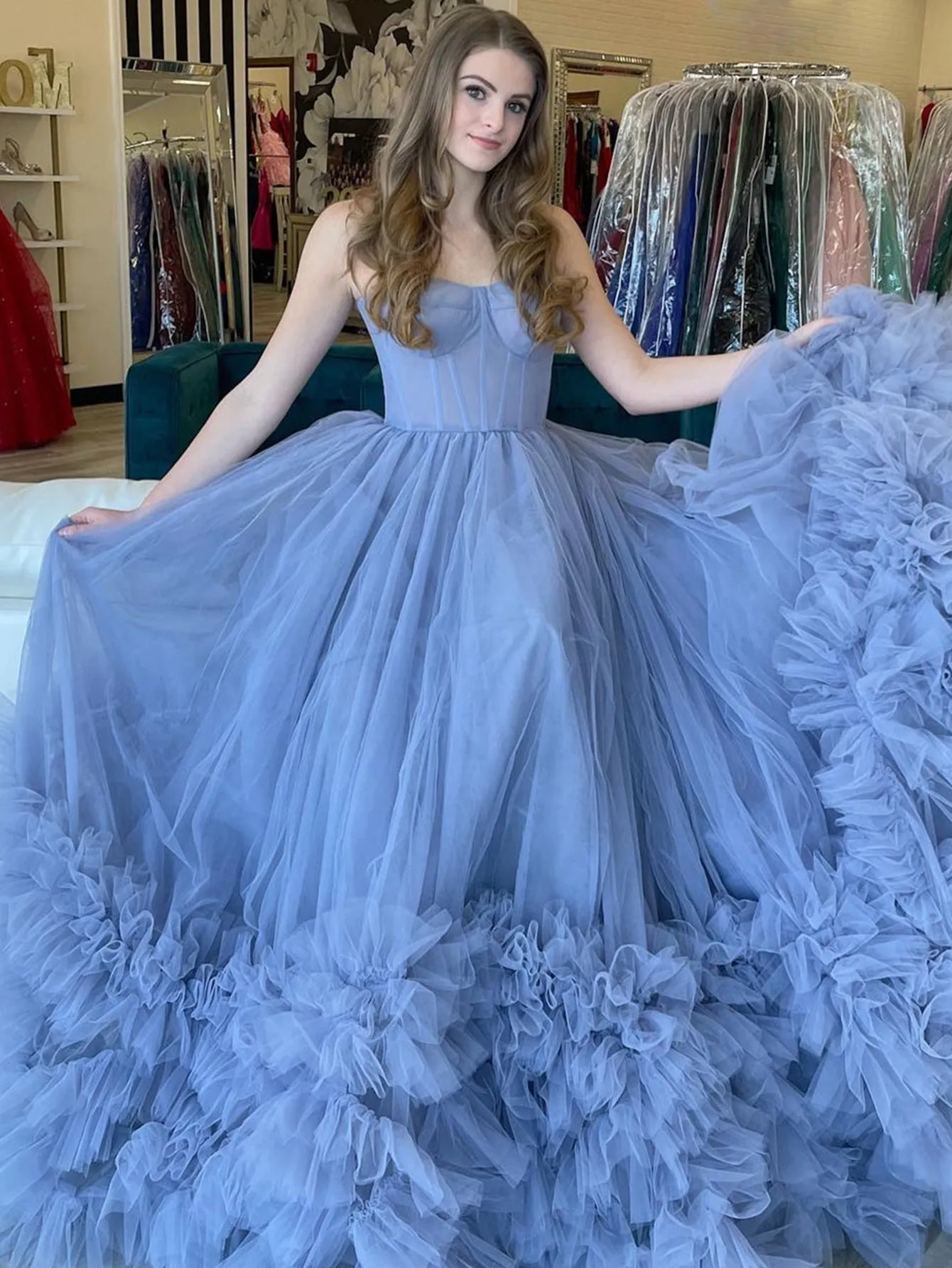 Strapless Blue A-Line Tiered Long Prom Dress sold by KissProm