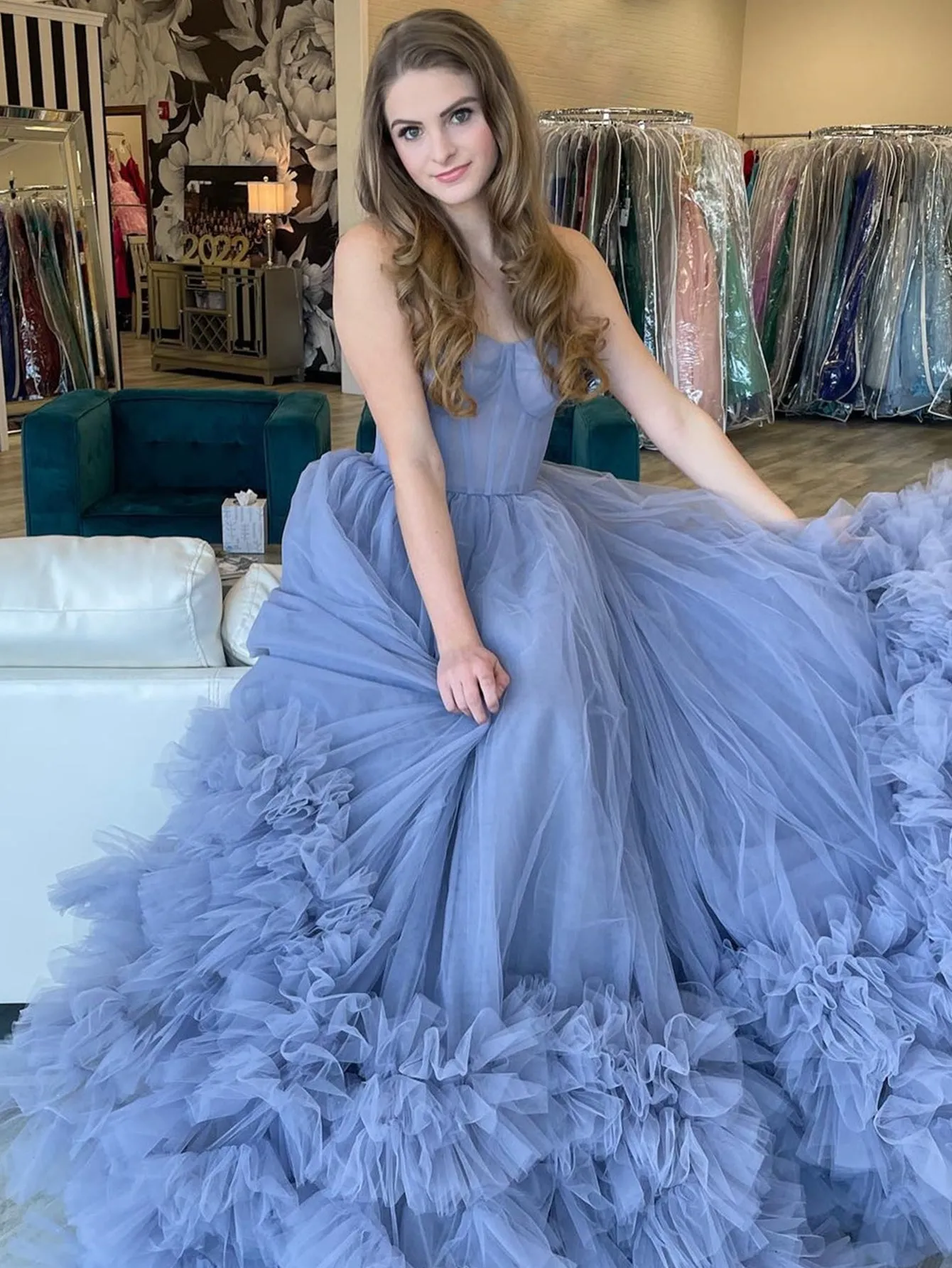 Strapless Blue A-Line Tiered Long Prom Dress sold by KissProm product image thumbnail 3