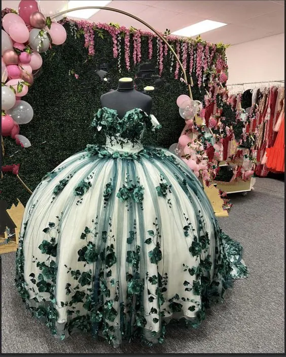 Green Ball Gown Off Shoulder 3D Flowers Beads Applique Quinceanera Dresses sold by KissProm