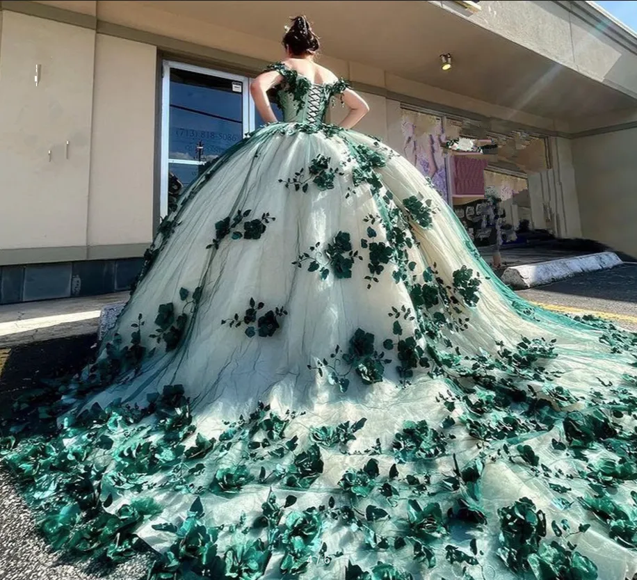 Green Ball Gown Off Shoulder 3D Flowers Beads Applique Quinceanera Dresses sold by KissProm product image thumbnail 3
