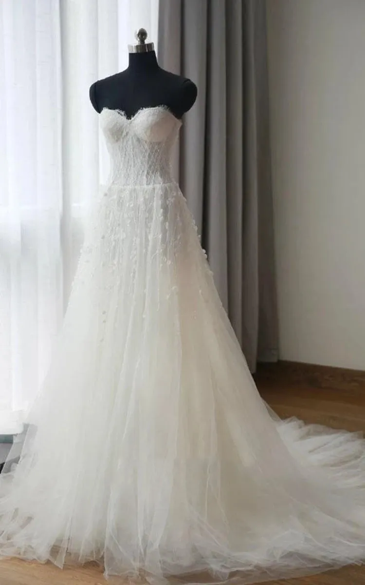 A-Line Sweetheart Sleeveless Zipper Beading Tulle Appliqued Wedding Dress sold by KissProm product image thumbnail 2