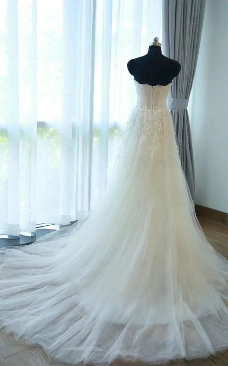 A-Line Sweetheart Sleeveless Zipper Beading Tulle Appliqued Wedding Dress sold by KissProm product image thumbnail 4