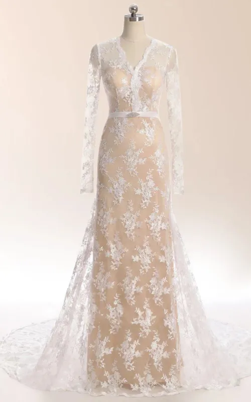 Mermaid Long Sleeve Court Train Lace Dress With Illusion sold by KissProm