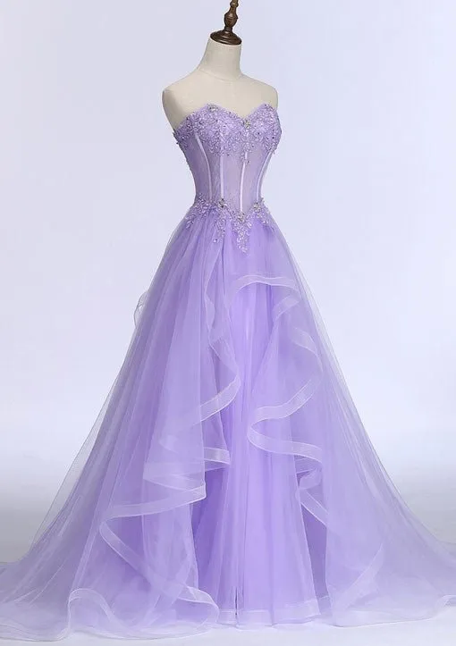 Kaitlyn | A-line Sweetheart Sleeveless Sweep Train Tulle Prom Dress With Beading Appliqued sold by KissProm