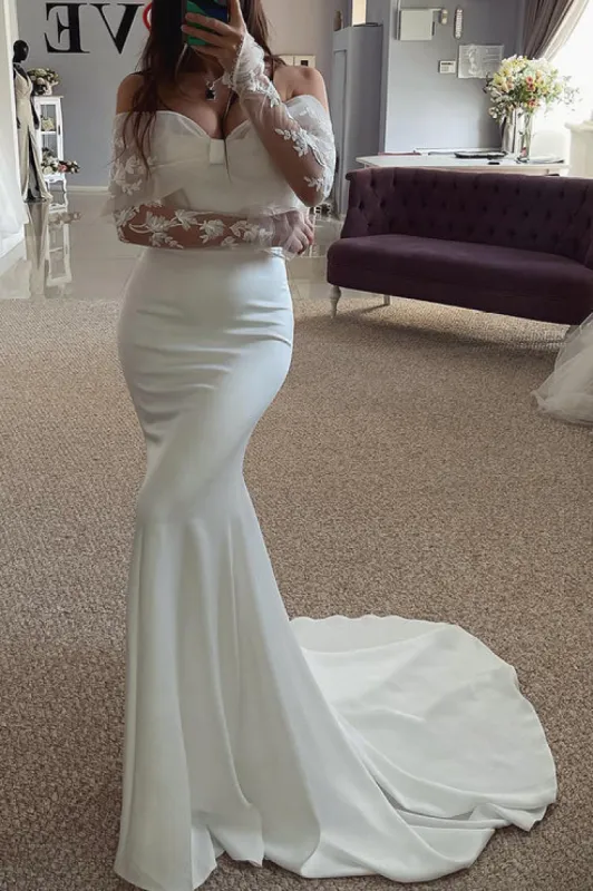 Off-Shoulder Long Sleeve Trumpet Appliques Beach Wedding Dress sold by KissProm