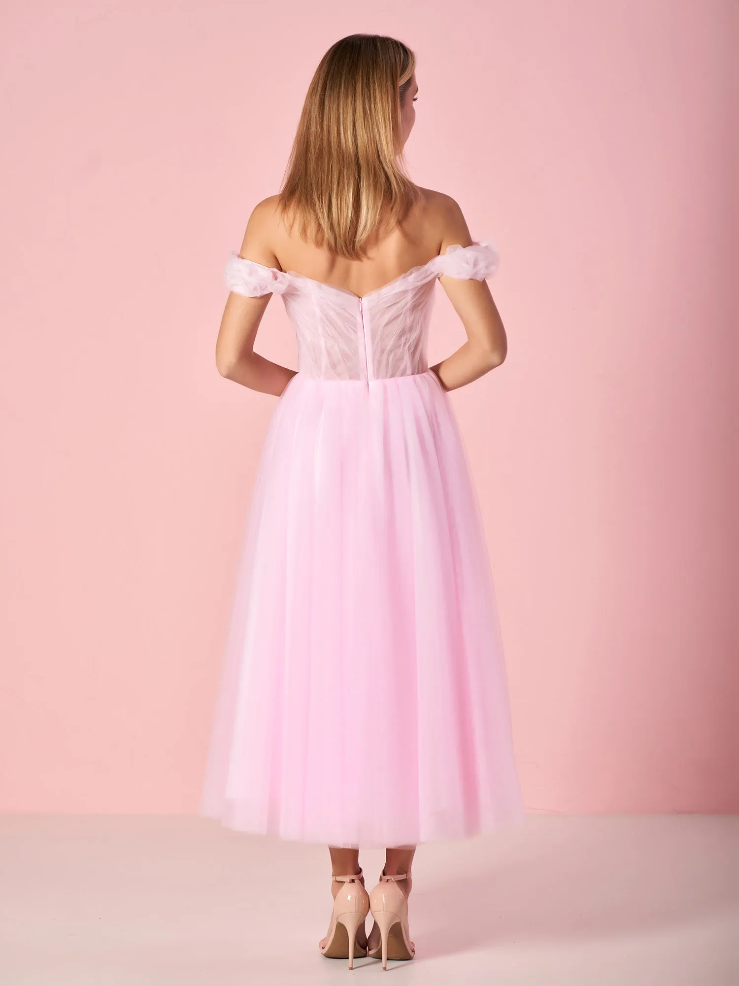 Sweetheart Neck Off the Shoulder Tea Length Tulle Prom Dress sold by KissProm product image thumbnail 2