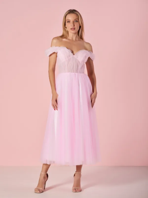 Sweetheart Neck Off the Shoulder Tea Length Tulle Prom Dress sold by KissProm