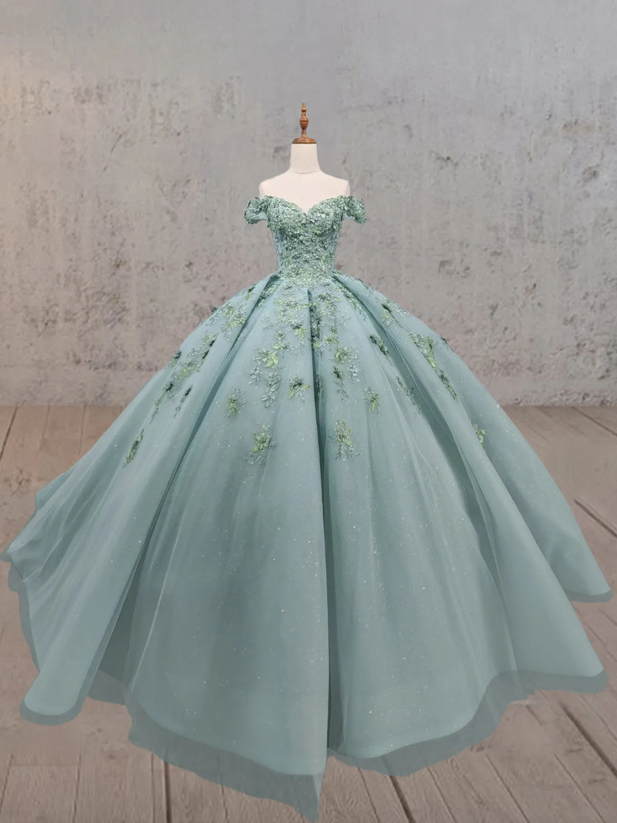 Sage Green Ball-Gown Off-the-Shoulder Quinceanera Dresses sold by KissProm