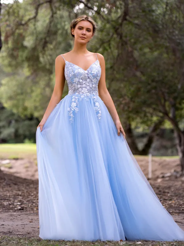 Deep V-Neck Applique Lace Floor Length Tulle Prom Dress sold by KissProm