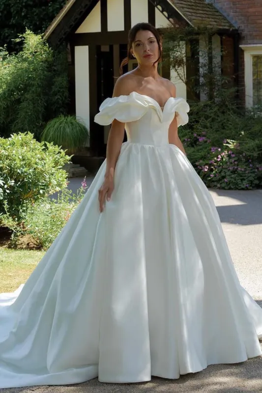 White Puff Off-the-Shoulder V Neck Sweeping Long Wedding Dress sold by KissProm
