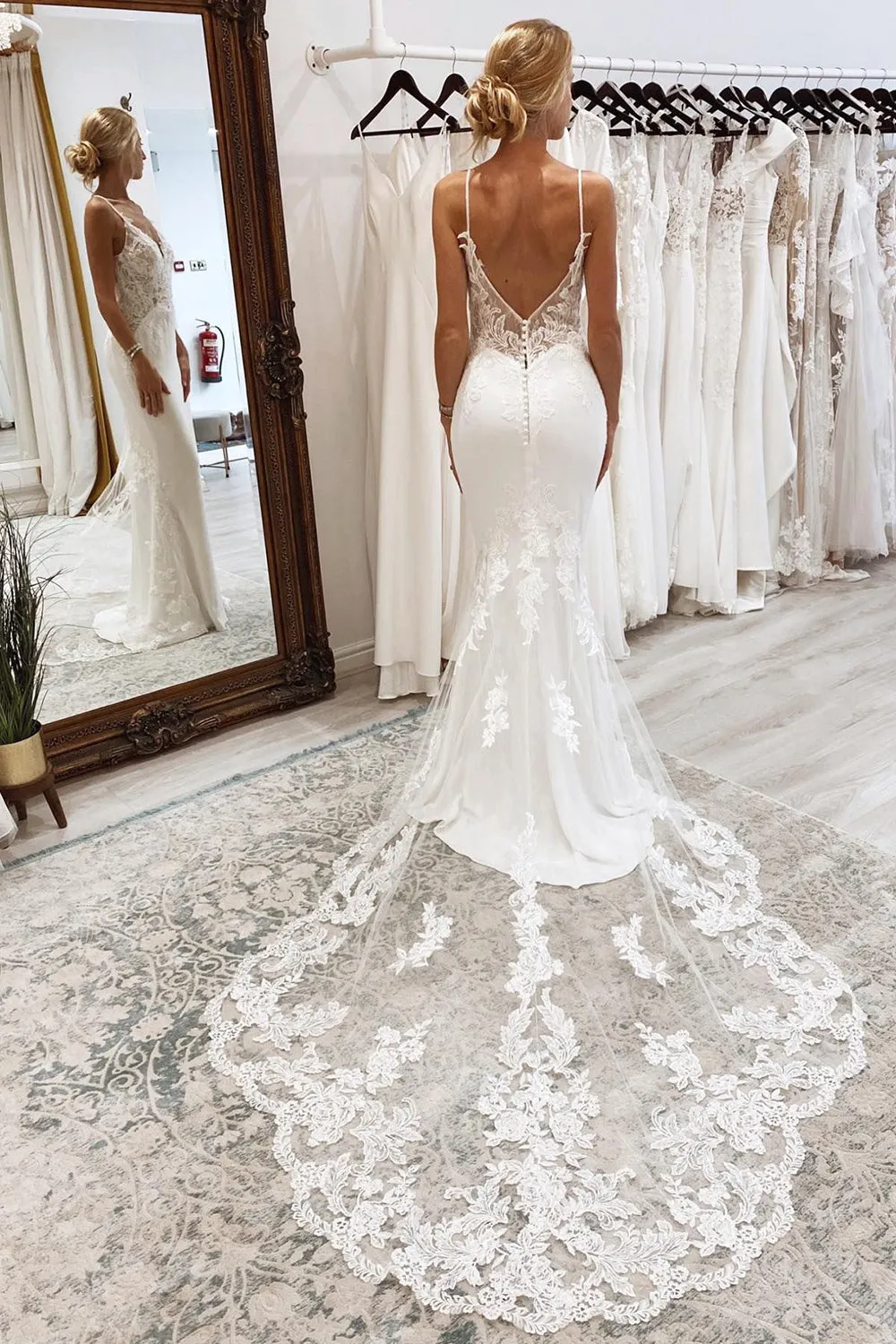 Hunter | White Mermaid Lace Long Backless Wedding Dress with Button sold by KissProm product image thumbnail 2