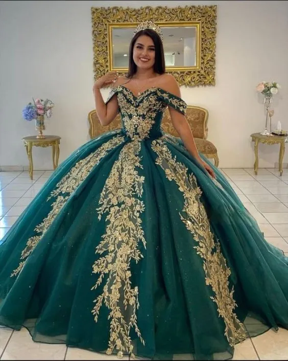 Ball Gown Organza Off-the-Shoulder Dark Green Quinceanera Dress sold by KissProm product image thumbnail 2