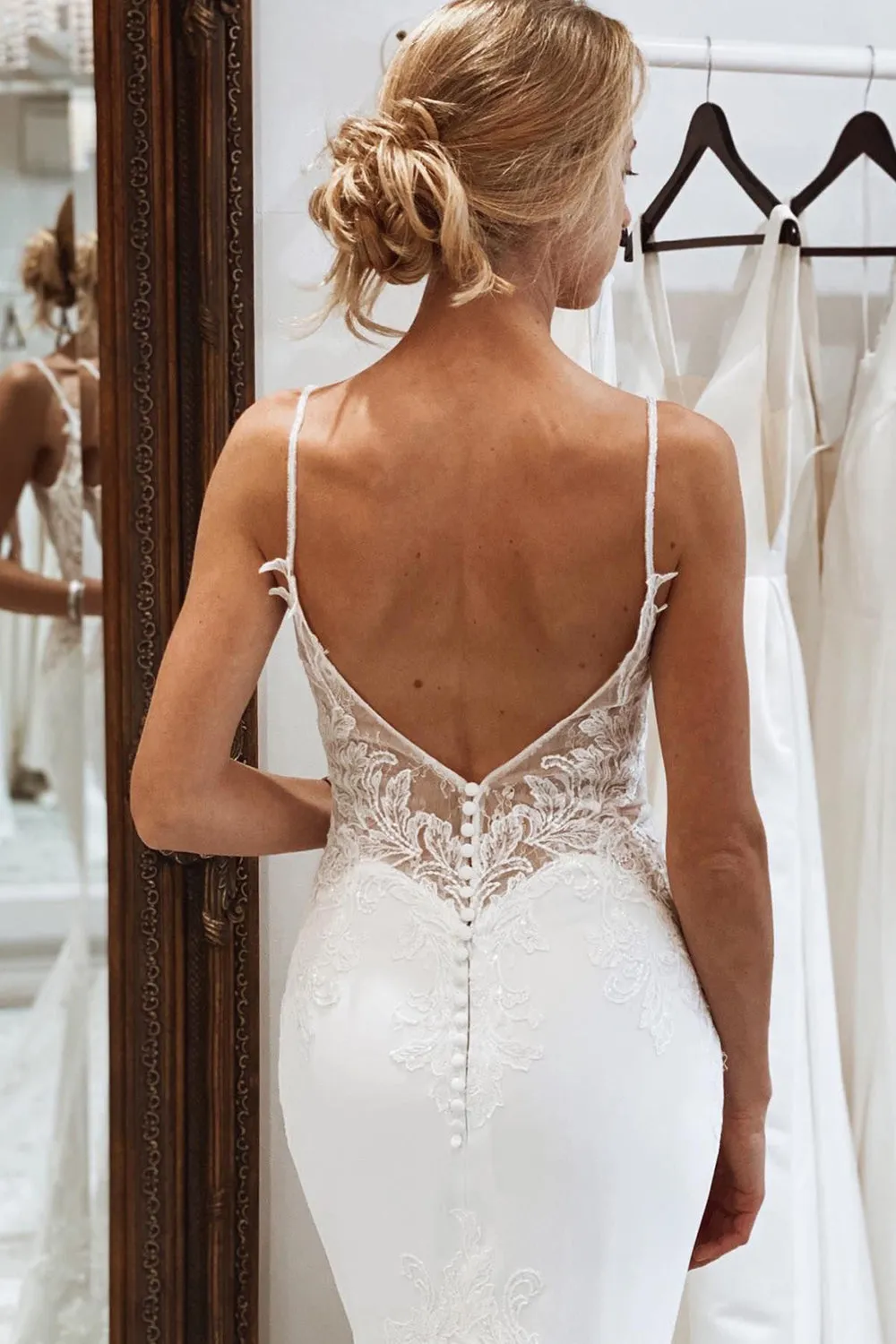 Hunter | White Mermaid Lace Long Backless Wedding Dress with Button sold by KissProm product image thumbnail 3