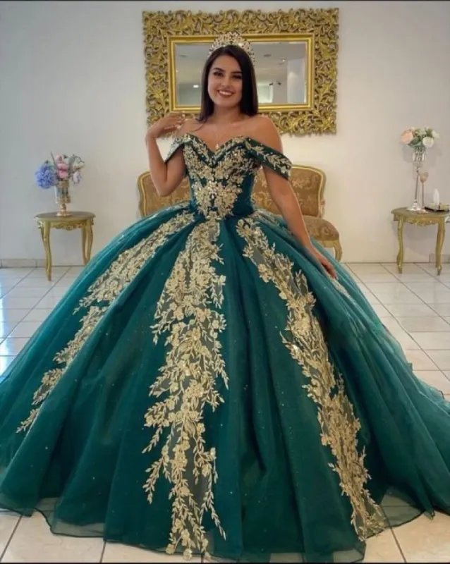 Ball Gown Organza Off-the-Shoulder Dark Green Quinceanera Dress sold by KissProm