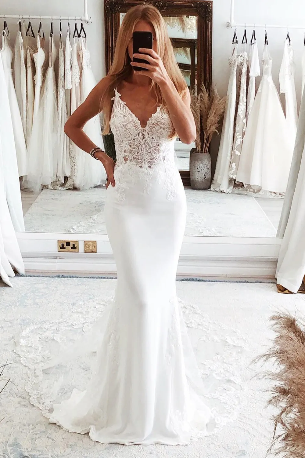Hunter | White Mermaid Lace Long Backless Wedding Dress with Button sold by KissProm