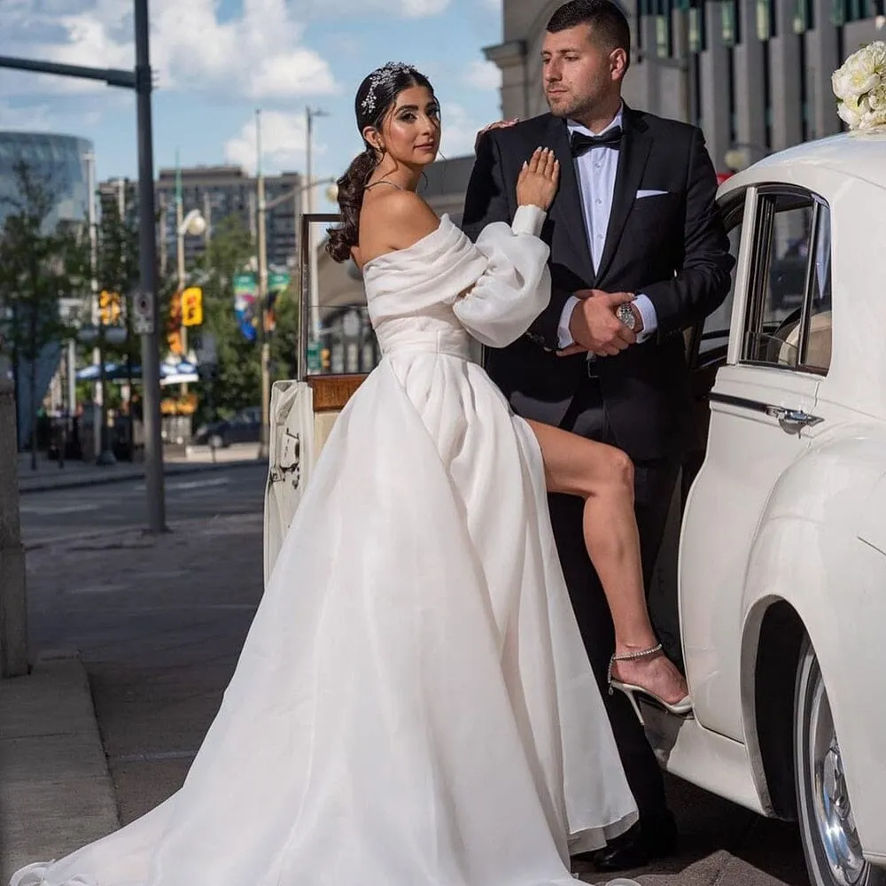 A-Line Off the Shoulder White Wedding Dress with Slit sold by KissProm product image thumbnail 5