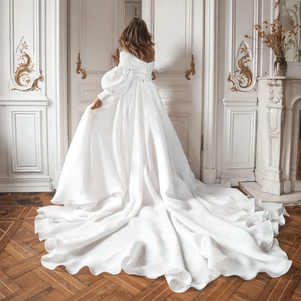 A-Line Off the Shoulder White Wedding Dress with Slit sold by KissProm product image thumbnail 4