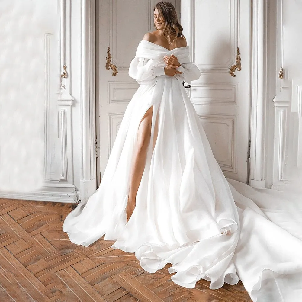 A-Line Off the Shoulder White Wedding Dress with Slit sold by KissProm product image thumbnail 3